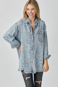 RISEN Distressed Raw Hem Denim Shirt for Casual Style