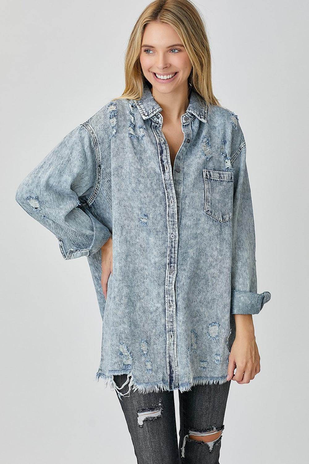RISEN Distressed Raw Hem Denim Shirt for Casual Style
