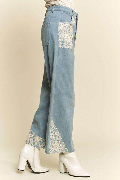 Davi & Dani Lace Applique Wide Leg Jeans for Women
