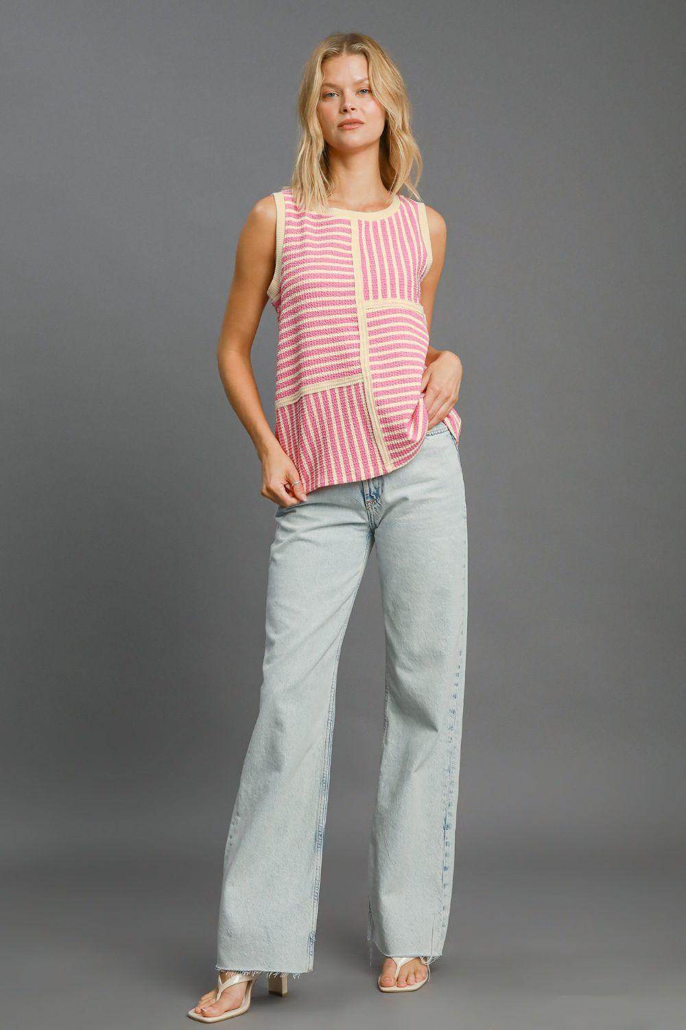 Umgee Round Neck Texture Striped Tank for Casual Style