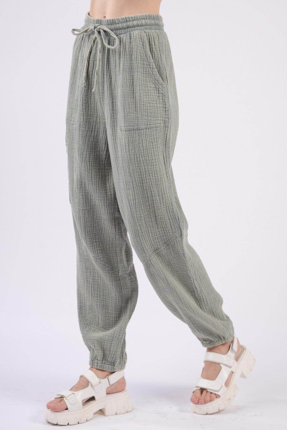 Very J Washed Woven Crinkle Gauze Drawstring Pants