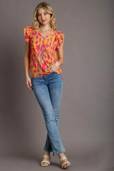 Umgee Full Size Abstract Print V-Neck Ruffle Sleeve Blouse