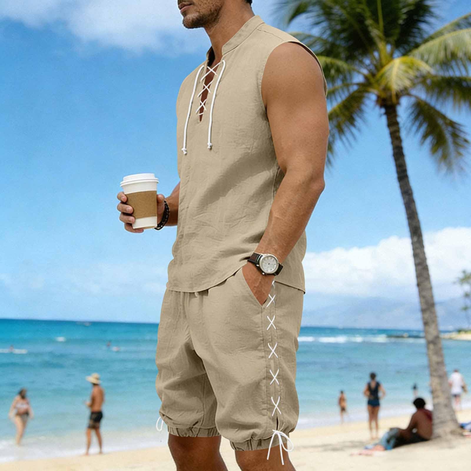 Cambkatl 2 Piece Outfits for Men Lightweight Linen Shorts Set Laceup V Neck Sleeveless Tank Top Matching Sets with Pockets