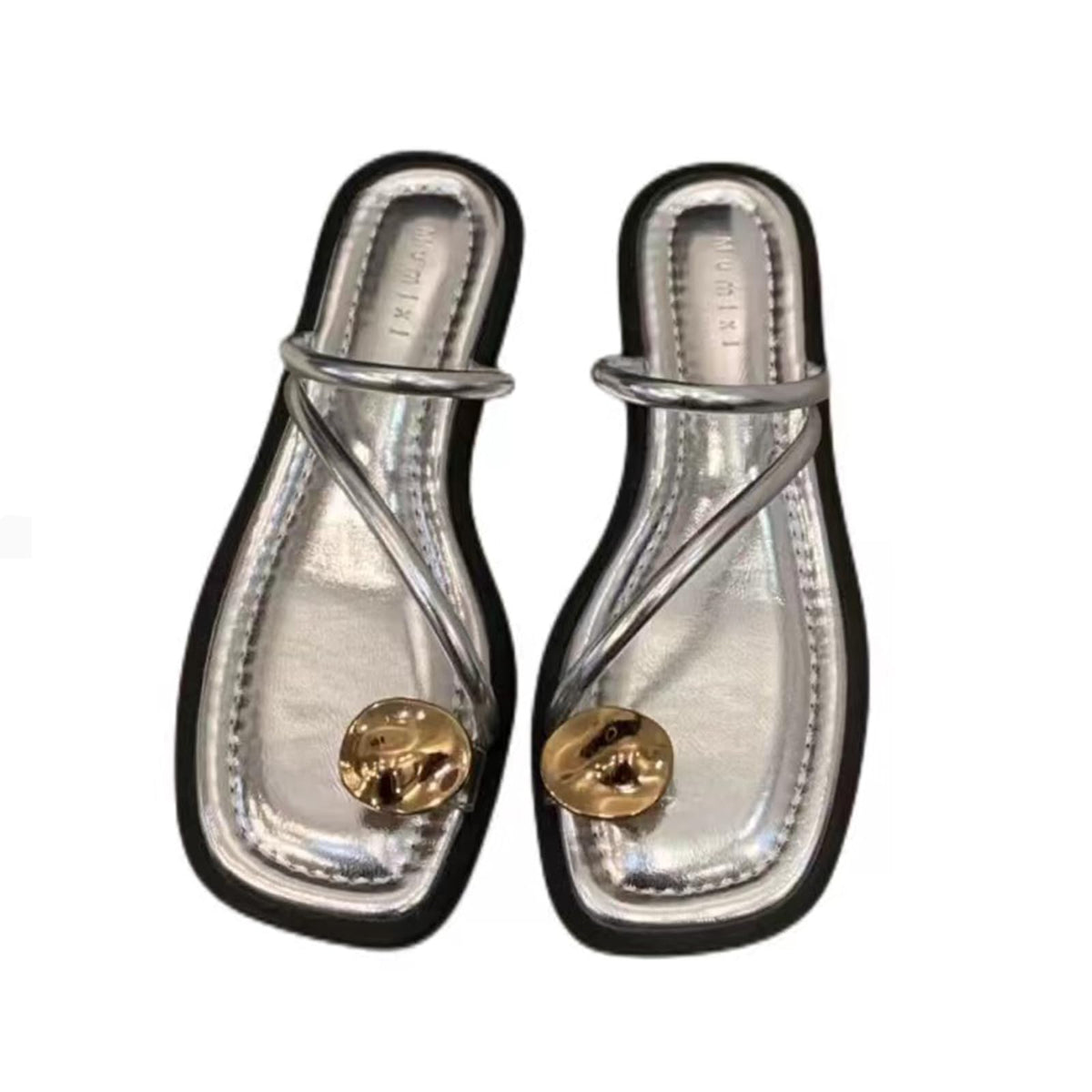 Women's leather strappy flat metal toe ring sandals fashionable square open toe low block heel slip-on Clip Toe Slide Sandals Casual Summer Beach slipper