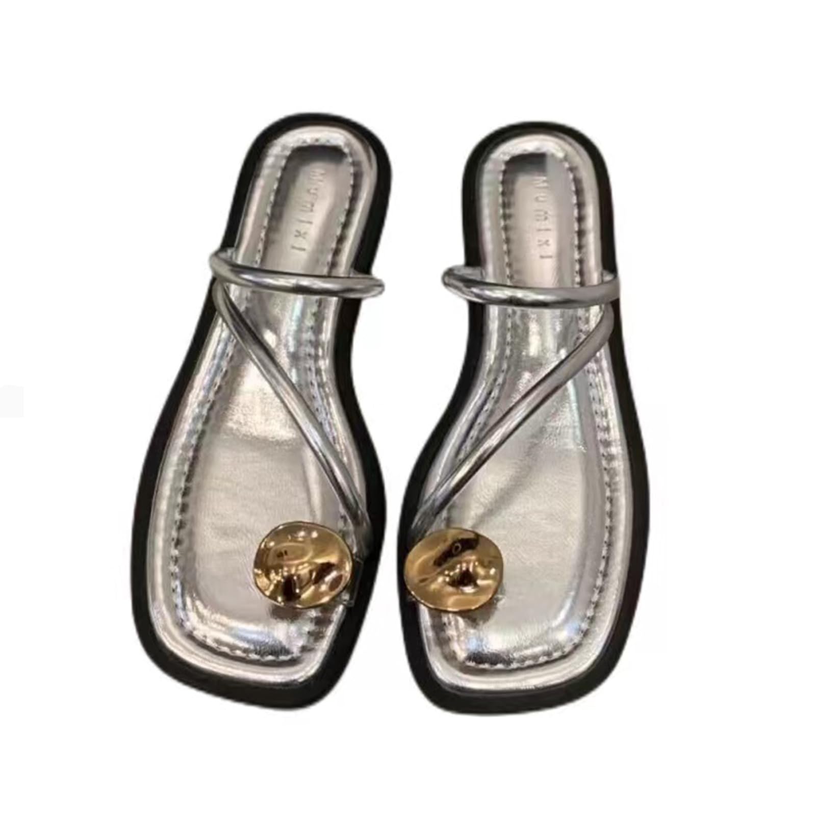 Women's leather strappy flat metal toe ring sandals fashionable square open toe low block heel slip-on Clip Toe Slide Sandals Casual Summer Beach slipper