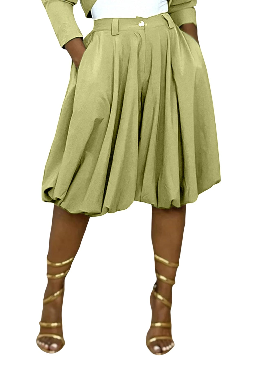 Women's Wide Leg Capri Pants Baggy Pleated Cropped Bubble Pants | High Waisted,with Pockets,Casual,Soft and Lightweight,Skirt Pants,Lantern Balloon Pants