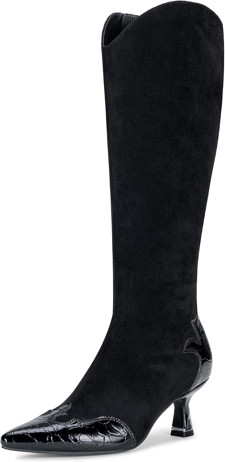 Vepose Women's Knee High Boots, Pointed Toe Kitten Heel Dress Boots | Riding tall boot style, low heel, side zipper, fashion silhouette, patchwork design, suit for jeans, skirts, nights out