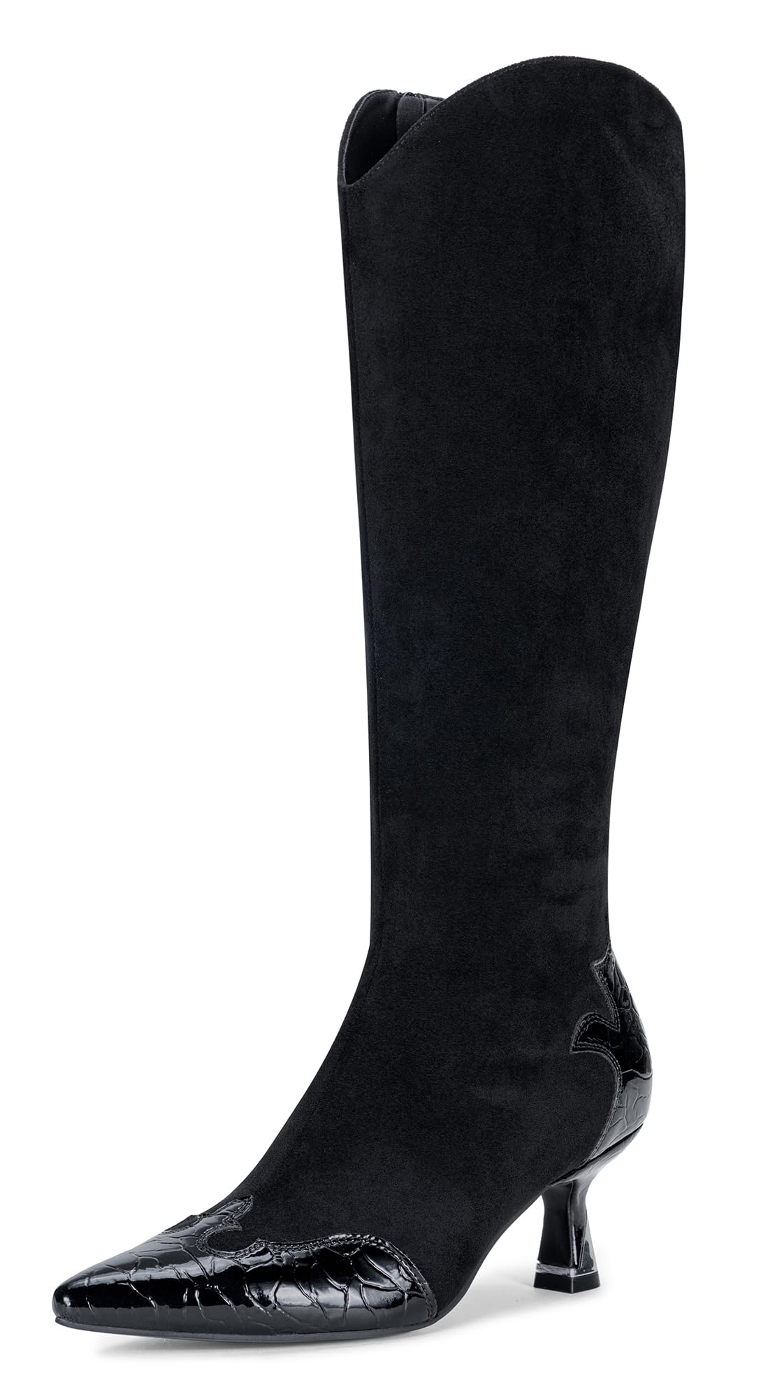 Vepose Women's Knee High Boots, Pointed Toe Kitten Heel Dress Boots | Riding tall boot style, low heel, side zipper, fashion silhouette, patchwork design, suit for jeans, skirts, nights out