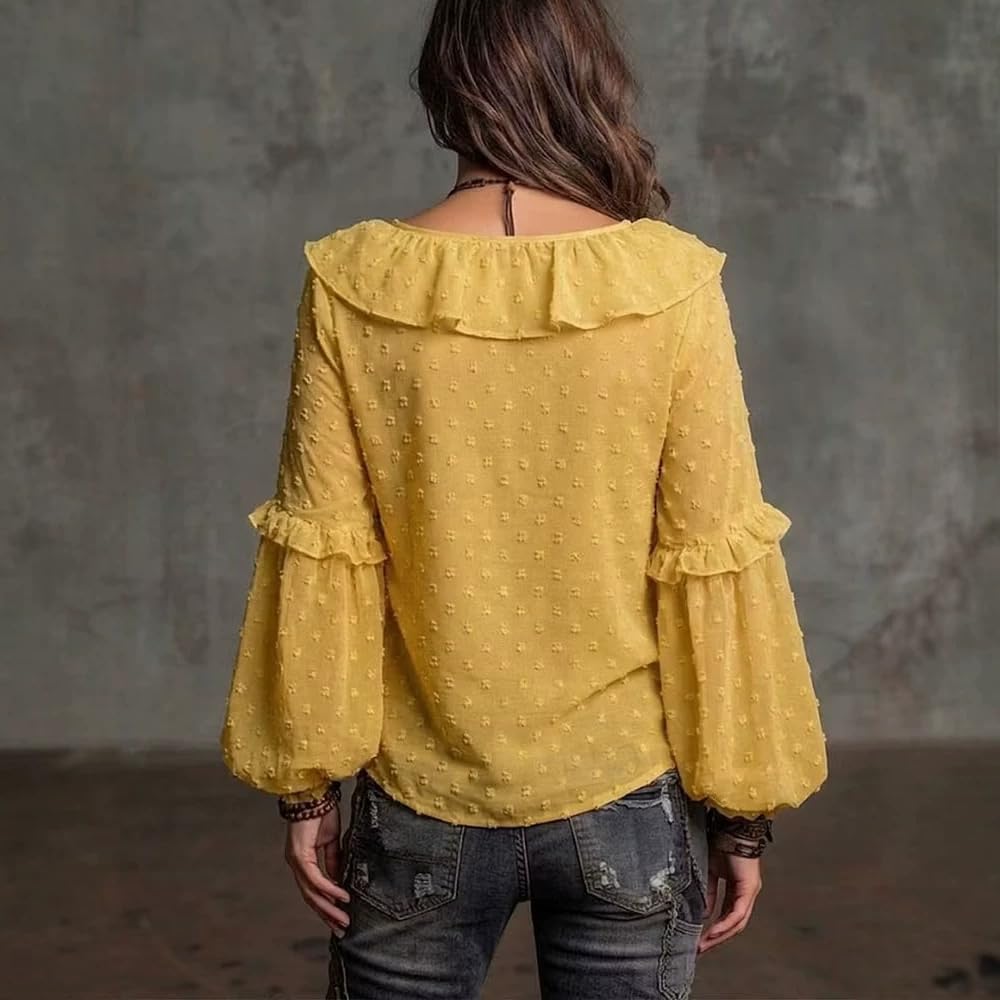 Long Sleeve Blouse for Women Sexy V Neck Polka Dot Ruffles Shirt Trendy Top Fall Elegant Going Out Tops