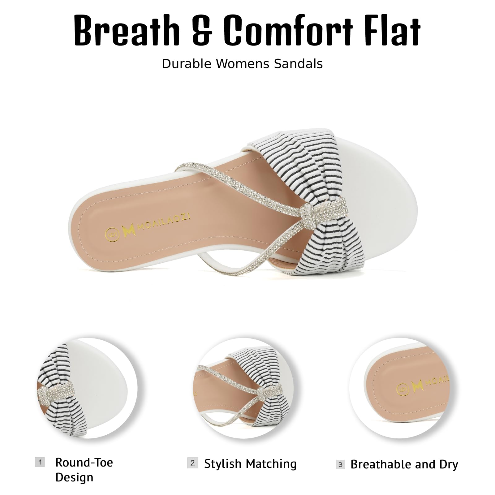 Women's Sandals Rhinestone Strappy Slides With Soft Memory Foam Insole, Dressy Open Toe Beach Slippers Flats for Summer