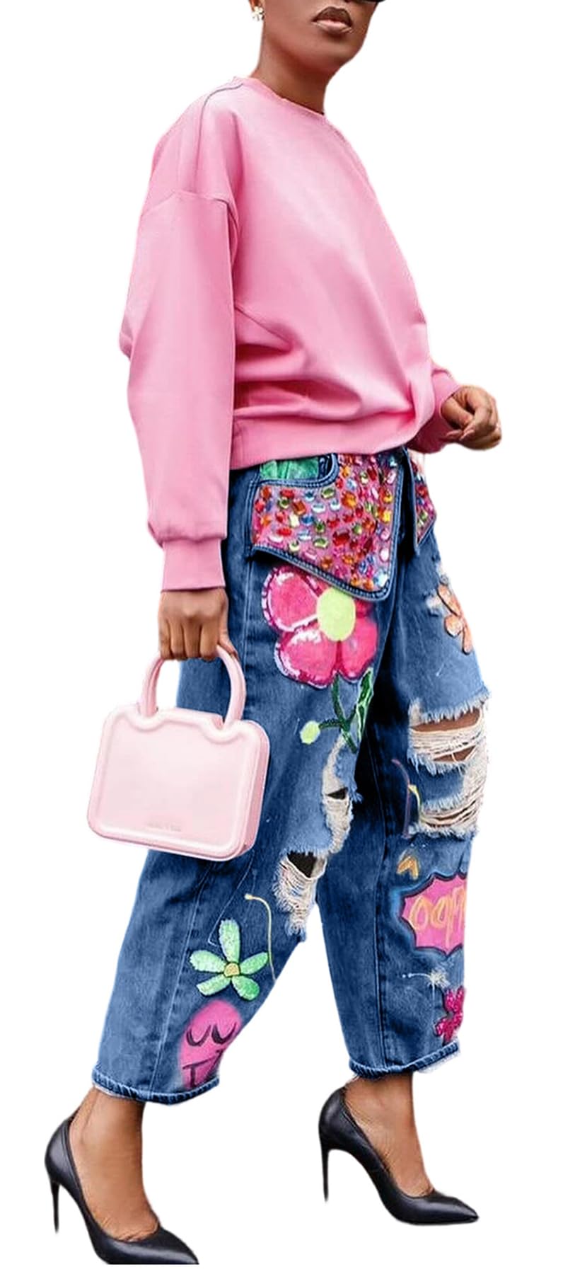 Women's Barrel Jeans Wide Leg High Waist Rhinestone Floral Horseshoe Ripped Baggy Cropped Jeans Denim Pants