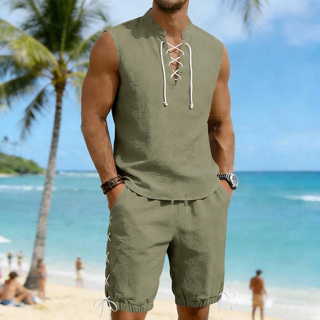 Cambkatl 2 Piece Outfits for Men Lightweight Linen Shorts Set Laceup V Neck Sleeveless Tank Top Matching Sets with Pockets