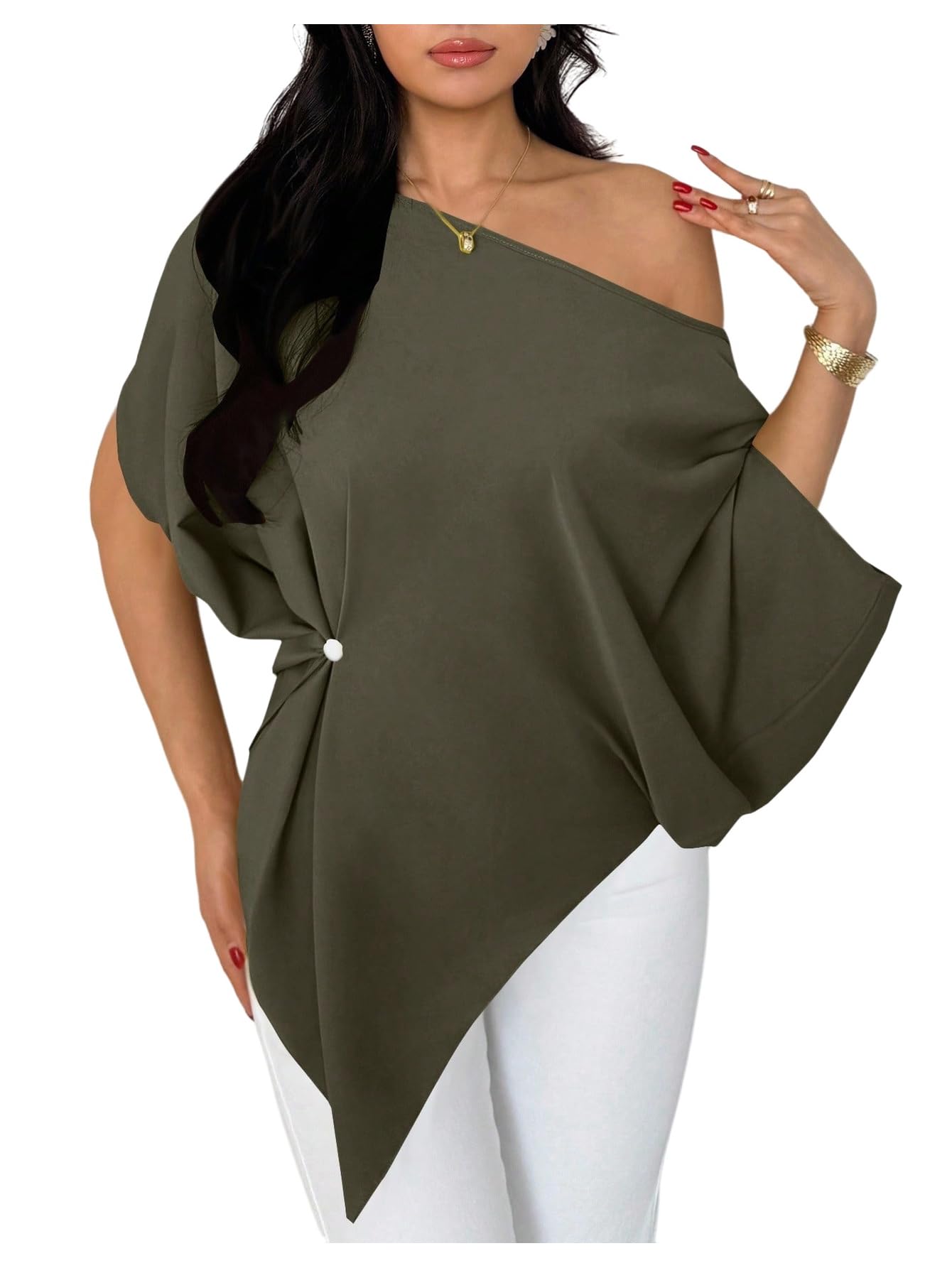 SHENHE Women's Off Shoulder Dolman Sleeve Blouses Asymmetrical Flowy Tops | Casual, Loose, Blouses With Waist Pleats, Asymmetrical, Elegant
