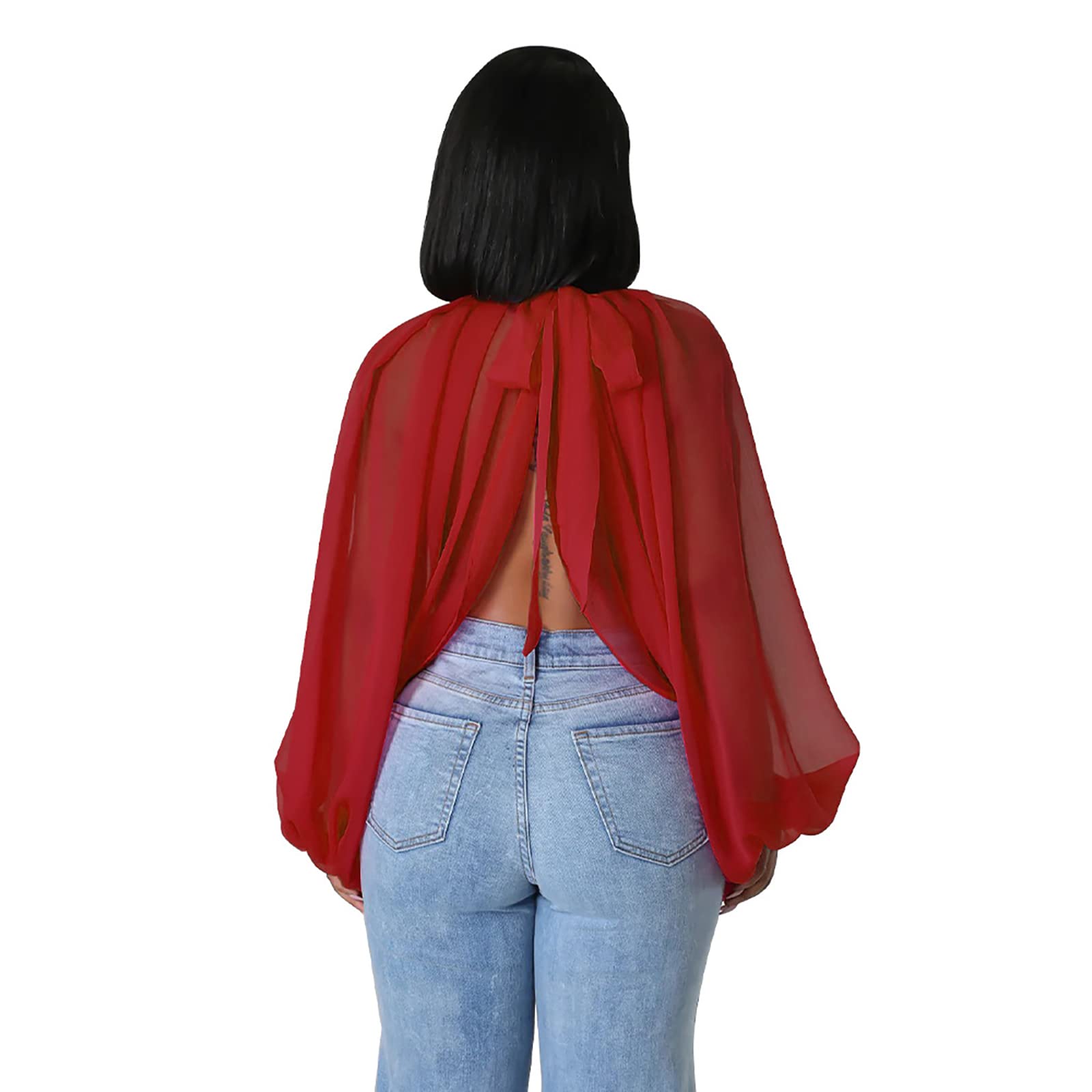 acelyn Women's Sexy See Through Chiffon Sheer Blouses Tops | Lantern Sleeve, Front Back Open, High Neck, Self Tie, Shawl Casual Shirts,Blouses Tops