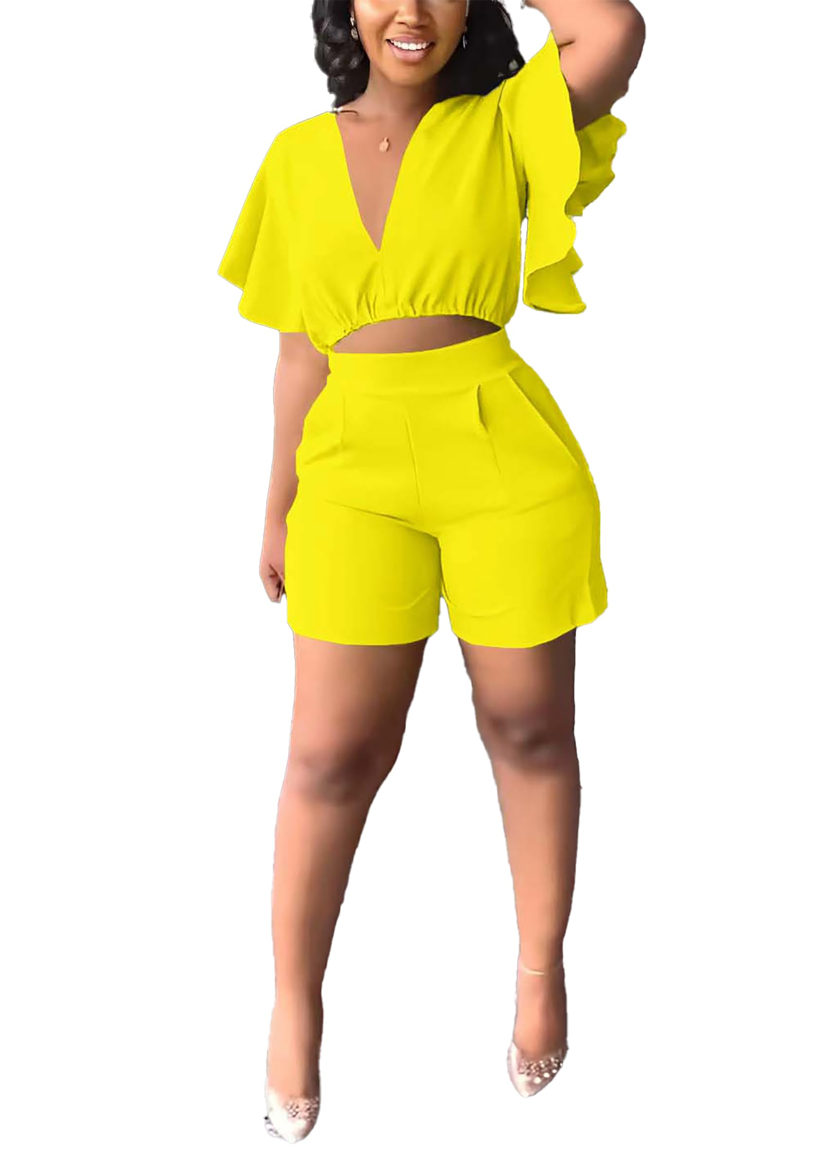 Womens Summer Two Piece Shorts Outfit Sexy Crop Top Butterfly Sleeve 2 pc Short Set Vacation Brunch Matching Set