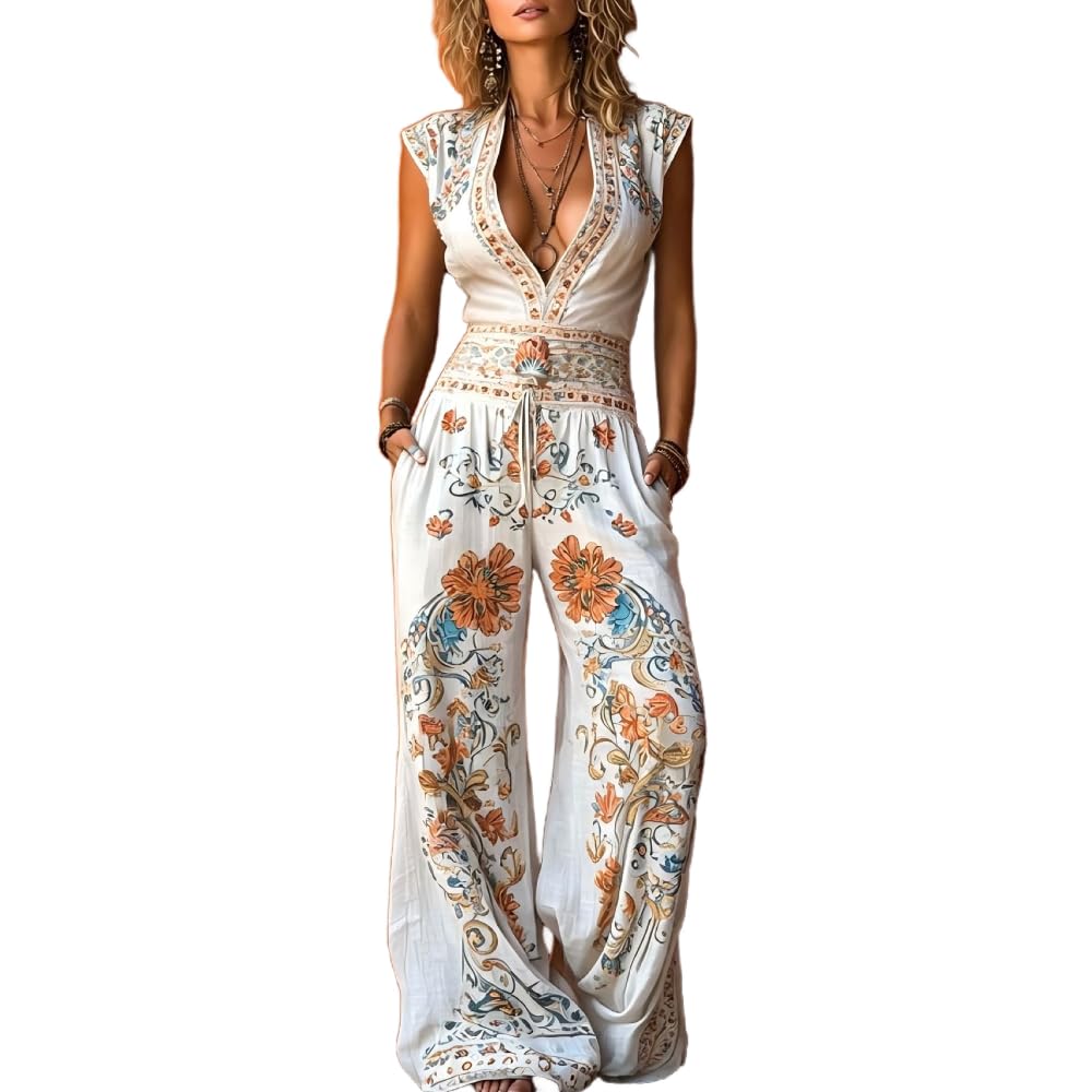 Casual Floral Print Bohemian Jumpsuit For Women Cap Sleeve Deep V Neck Wide Leg One Piece Set Vacation Holiday Wear