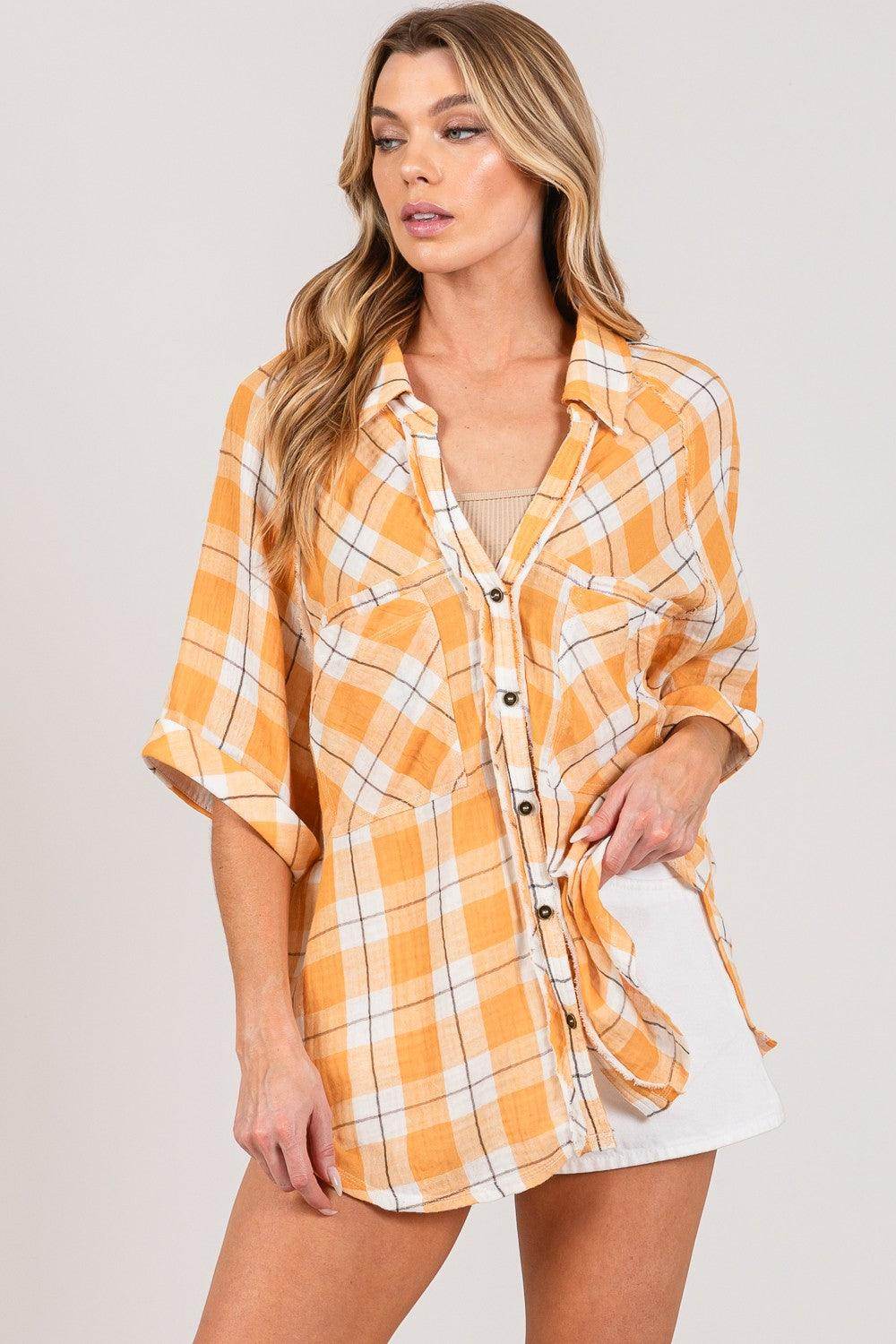 SAGE + FIG Plaid Button Up Side Slit Shirt for Women
