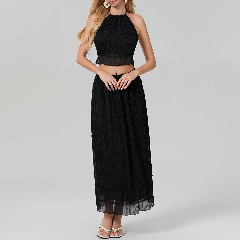 Women Y2K Skirt Set Outfits Strapless Crop Top Bodycon Midi Skirt Dress Sexy 2 Piece Knit Outfits Skirt Summer