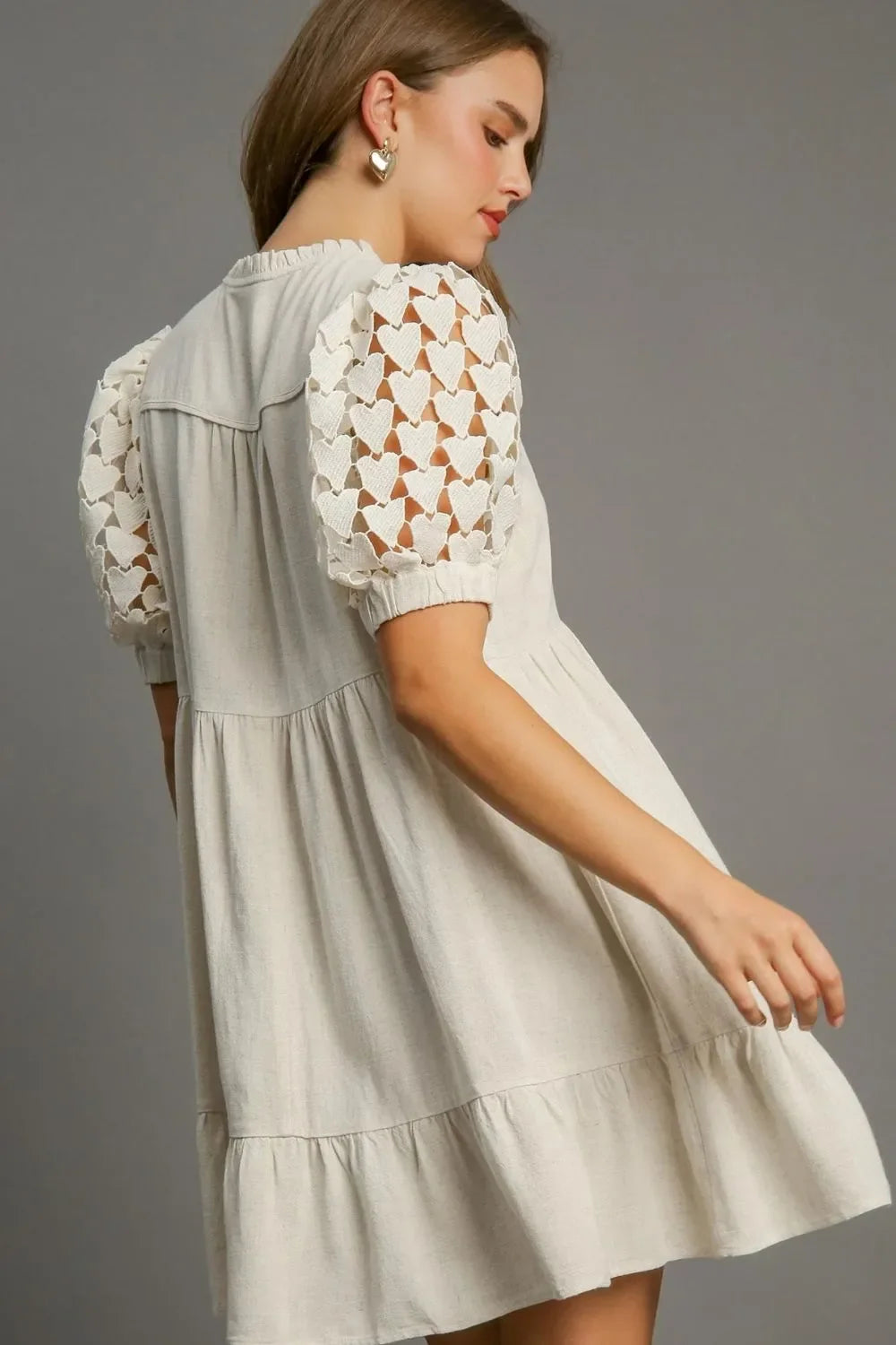 Umgee Full Size Ruffled Hem Heart Lace Sleeve Tie Neck Dress Plus Size