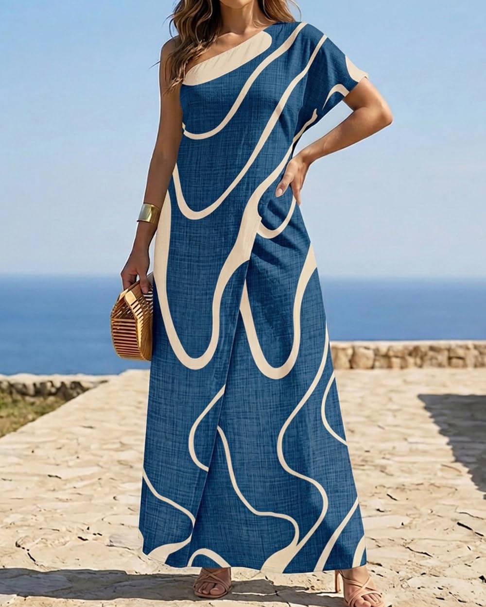 CHICME Maxi Dresses for Women Abstract Print Summer Dress | Womens Summer Dresses, One Shoulder Boho Dress with Pockets, Faux 2 Piece Casual Dresses, Vacation, Beach Dress Wedding Guest