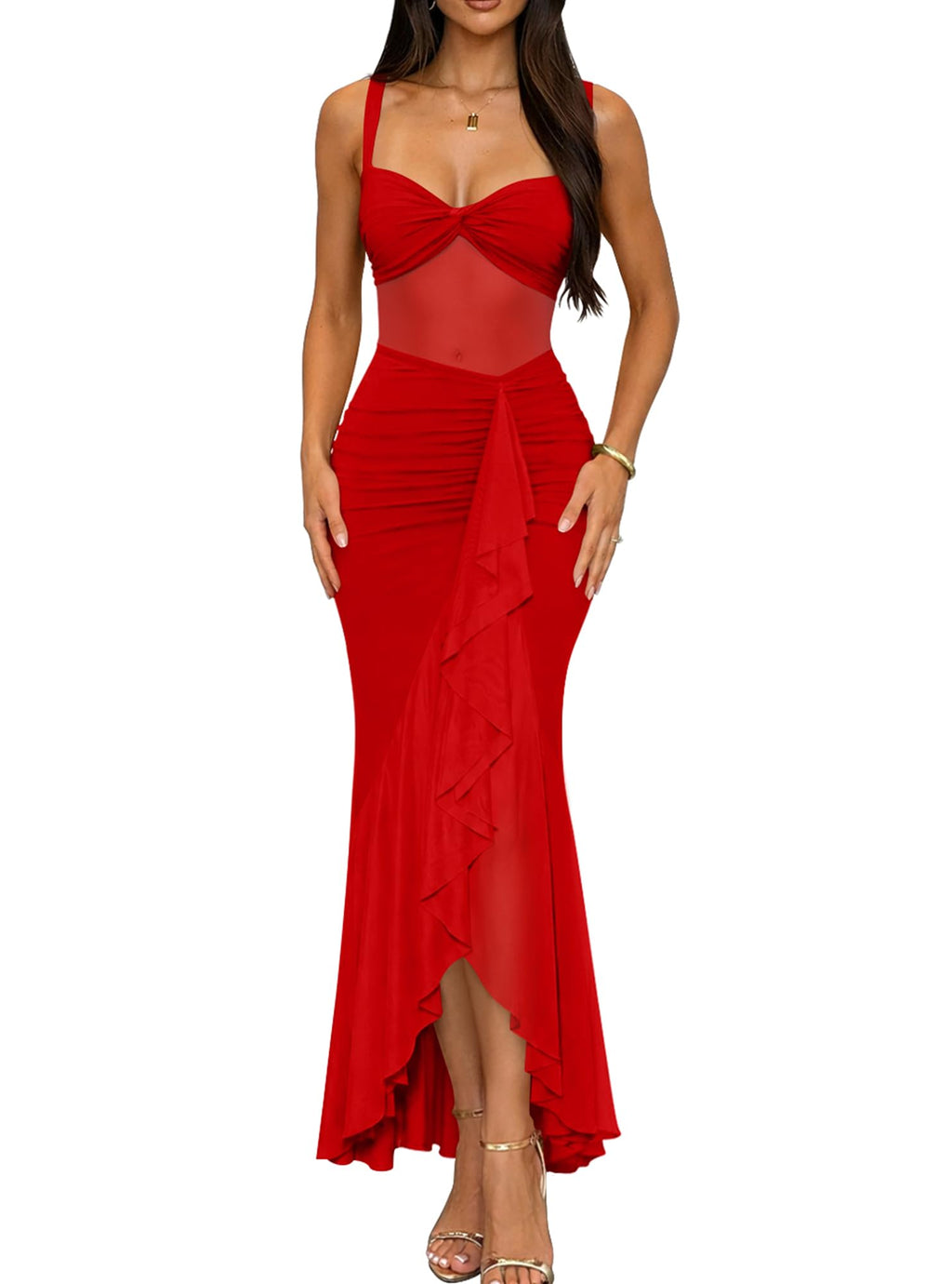 DAAWENXI Women's Sexy Mesh Sheer Ruched Ruffle Club Party Midi Dress | Square Neck,Date Night,Bodycon,See Through,Going Out,Sleeveless,Slim,Cocktail,Tank Dress,Women's Club Night Out Dress