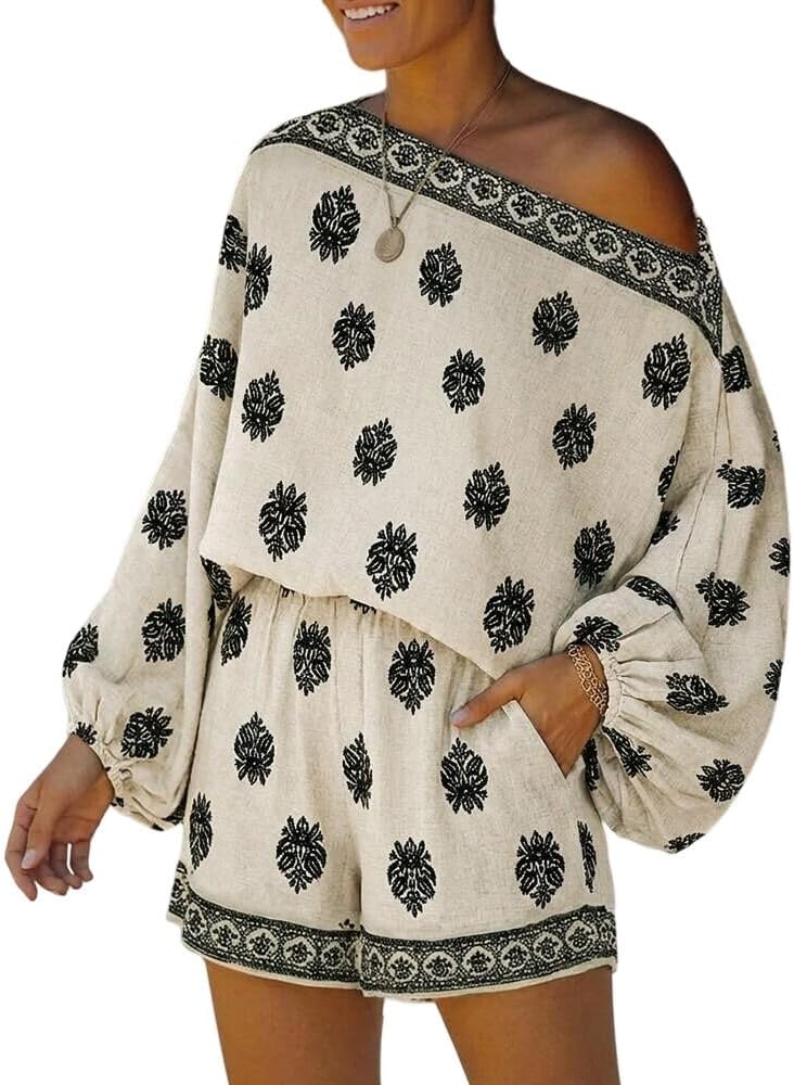 CHICME Boho Linen Sets Women's 2 Piece Lantern Sleeve Summer Shorts Set | Beach Vacation Summer Outfit, Shorts Sets Women 2 Piece Outfits, Top and Shorts Set, Soft Breathable Fabric, Elastic Waist