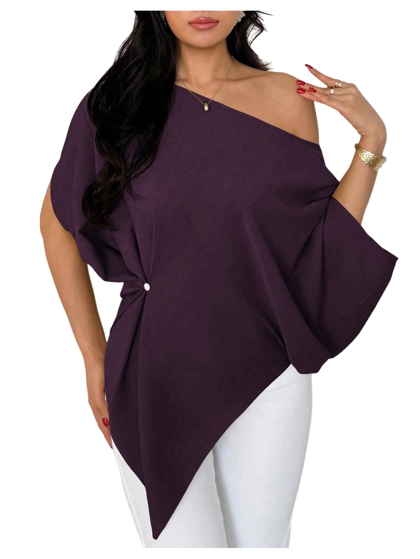 SHENHE Women's Off Shoulder Dolman Sleeve Blouses Asymmetrical Flowy Tops | Casual, Loose, Blouses With Waist Pleats, Asymmetrical, Elegant