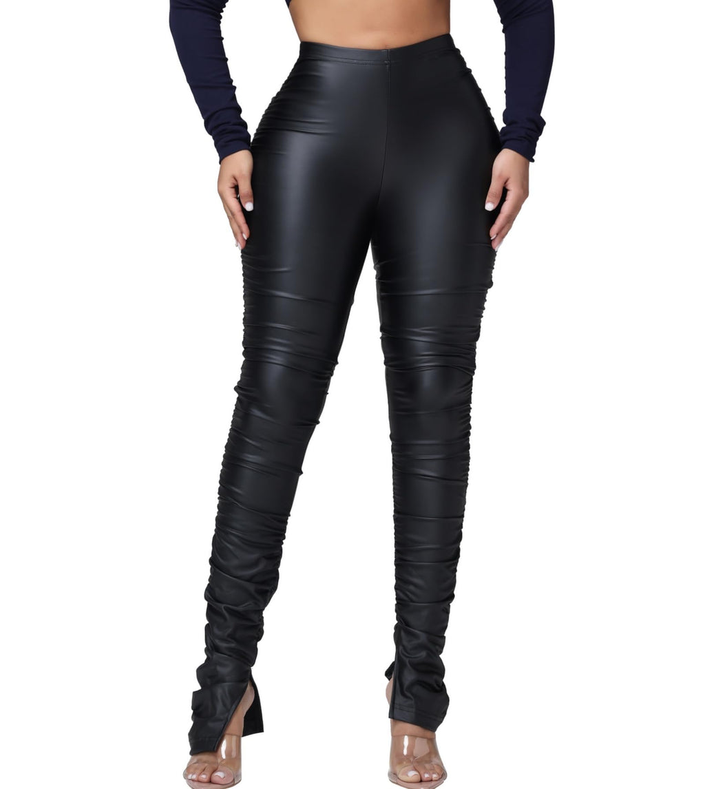 Women's Faux Leather Leggings Pants High Waisted Leather Tight Stacked Pants with Splits