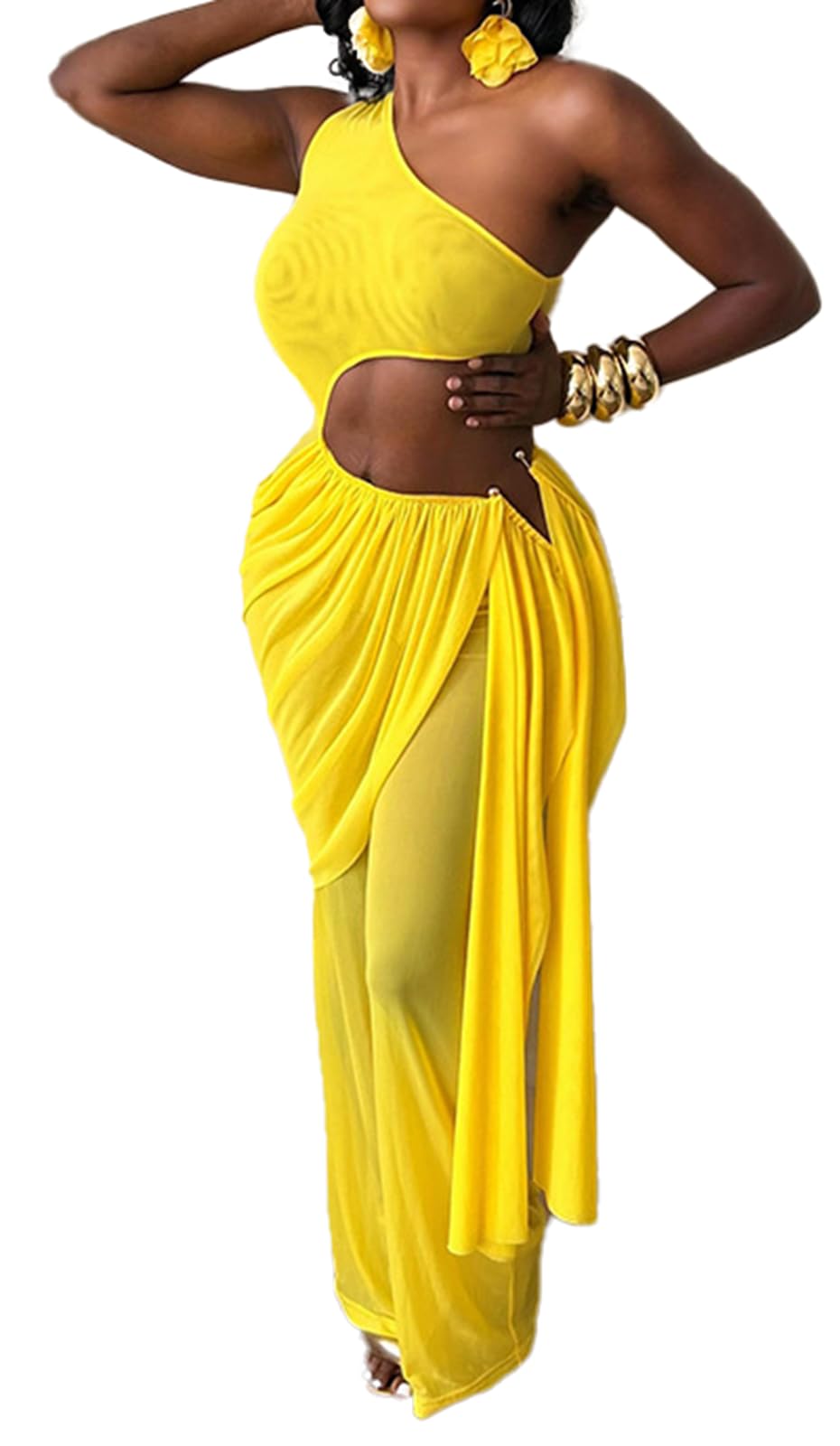 Sexy Jumpsuits for Women Cutout Sheer Mesh One Shoulder Draped Ruched Wrap One Piece Club Outfits for Women