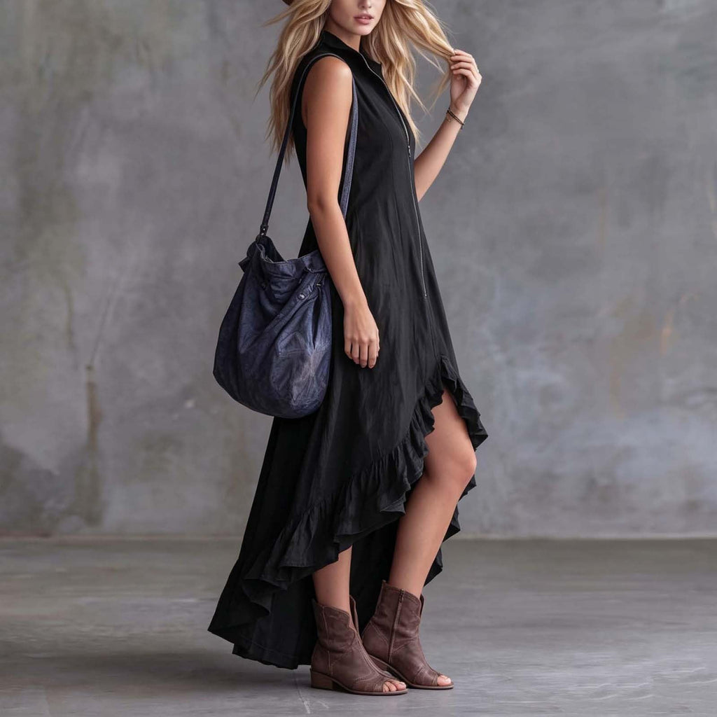 YMADREIG Boho Dresses for Women 2026 Cotton Linen Western Maxi Dress Summer Sleeveless High Low Ruffle Hem Dress with Pocket