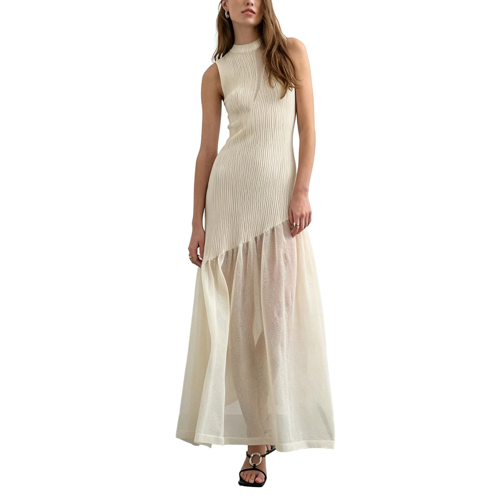 Women's Washed Faux Denim Patchwork Maxi Dress with Sheer Layered Skirt Hem Swing Ruffle Jean Dress for Casual Vacations