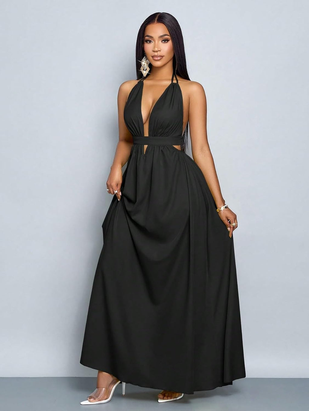 SKAYS Women's Summer Backless Tie-Waist Dress Solid Color Sexy V-Neck Beach Vacation Maxi Dress Formal Party Dress
