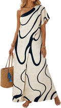 CHICME Maxi Dresses for Women Abstract Print Summer Dress | Womens Summer Dresses, One Shoulder Boho Dress with Pockets, Faux 2 Piece Casual Dresses, Vacation, Beach Dress Wedding Guest