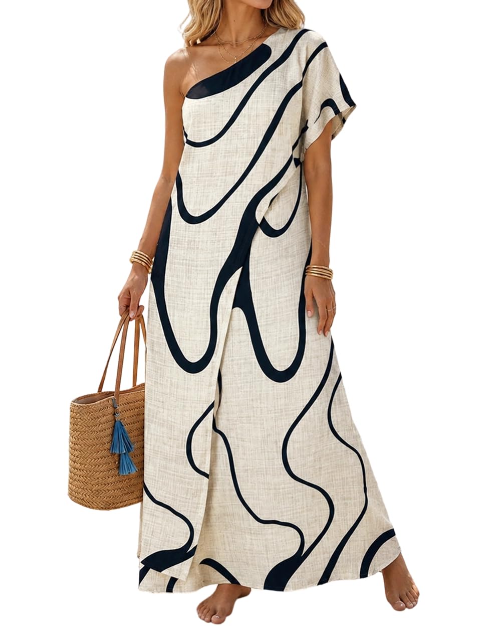 CHICME Maxi Dresses for Women Abstract Print Summer Dress | Womens Summer Dresses, One Shoulder Boho Dress with Pockets, Faux 2 Piece Casual Dresses, Vacation, Beach Dress Wedding Guest