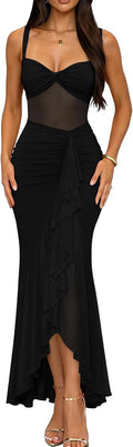 DAAWENXI Women's Sexy Mesh Sheer Ruched Ruffle Club Party Midi Dress | Square Neck,Date Night,Bodycon,See Through,Going Out,Sleeveless,Slim,Cocktail,Tank Dress,Women's Club Night Out Dress