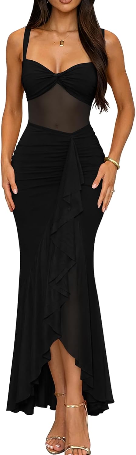 DAAWENXI Women's Sexy Mesh Sheer Ruched Ruffle Club Party Midi Dress | Square Neck,Date Night,Bodycon,See Through,Going Out,Sleeveless,Slim,Cocktail,Tank Dress,Women's Club Night Out Dress