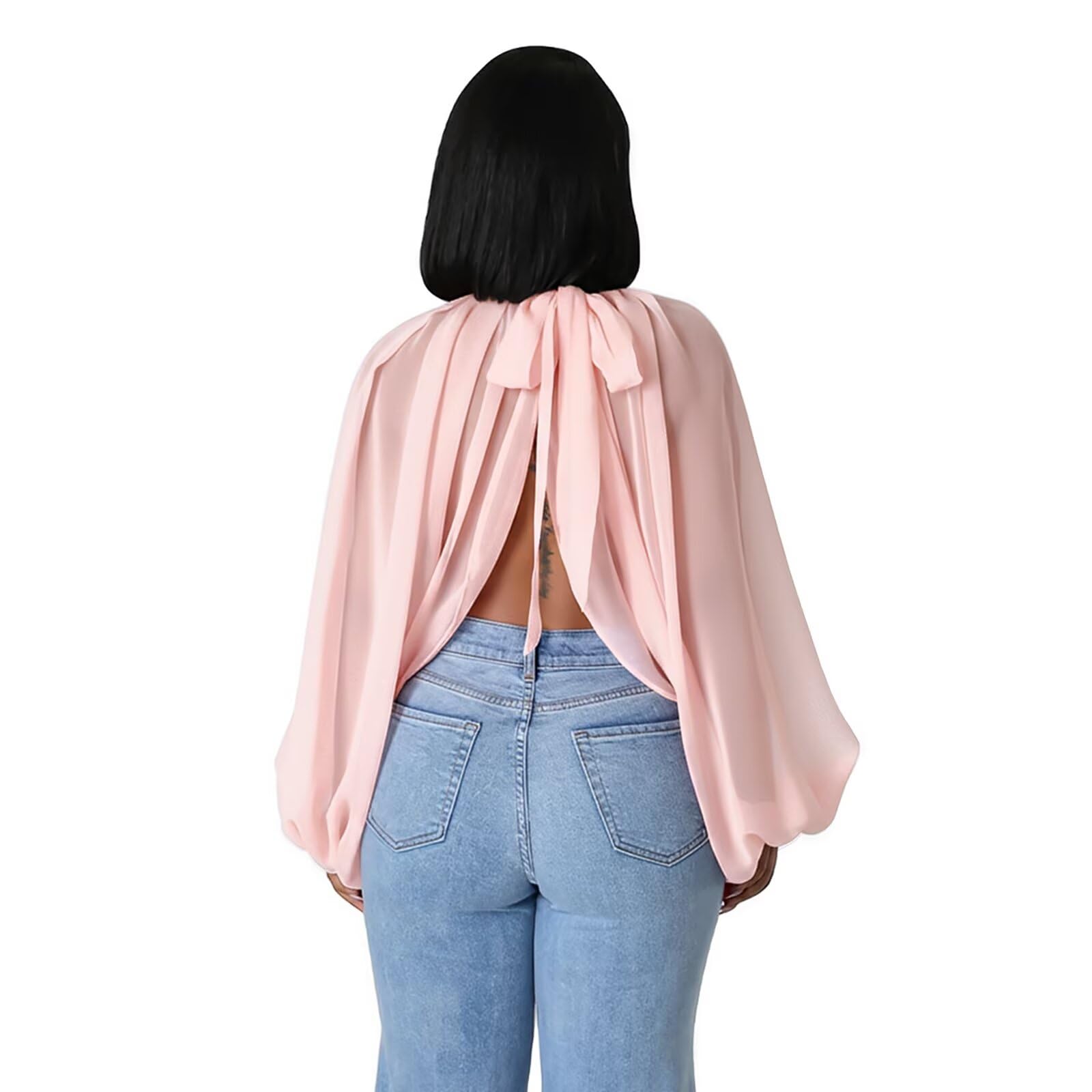 acelyn Women's Sexy See Through Chiffon Sheer Blouses Tops | Lantern Sleeve, Front Back Open, High Neck, Self Tie, Shawl Casual Shirts,Blouses Tops