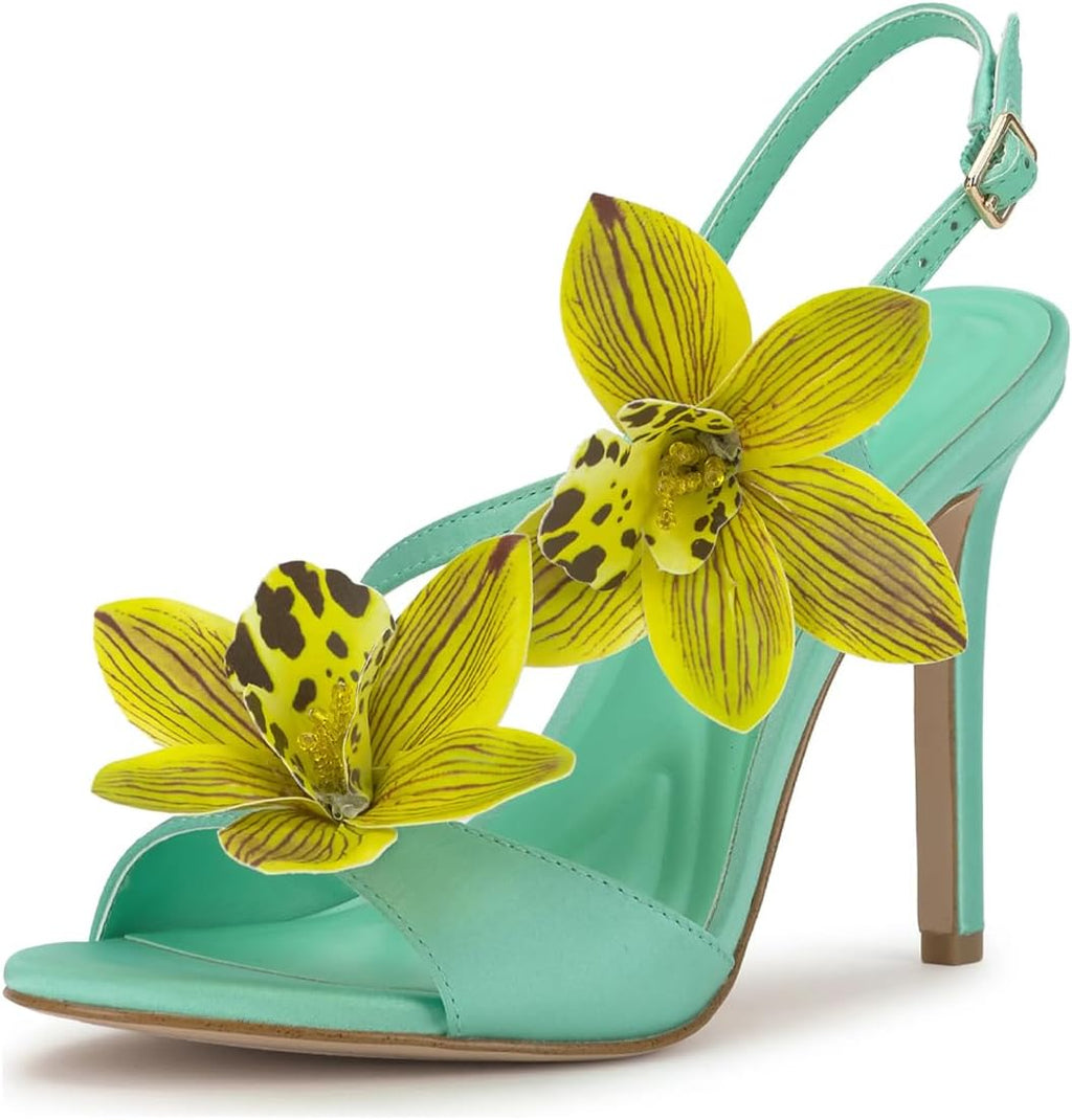 Flower High Heeled Sandals for Women Colorful Floral Open Toe Stiletto Heels Ankle Buckled Fashion Beach Dressy Spring Summer Shoes