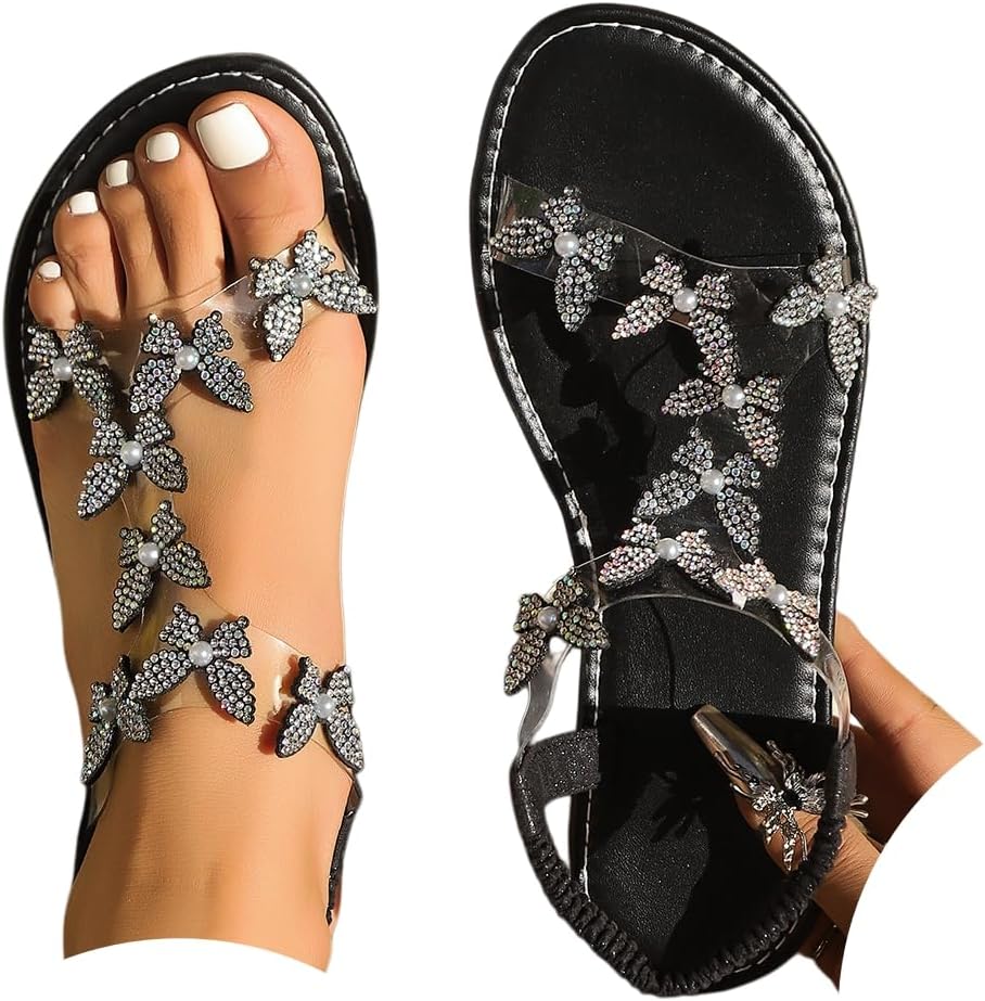Women's Butterfly Rhinestone Flat Sandals Glitter Sparkly Bling Strappy Open Toe Elegant Transparent Elastic Strap Gladiator Sandals for Dressy Summer Wedding Bridal Prom Travel Daily Wear