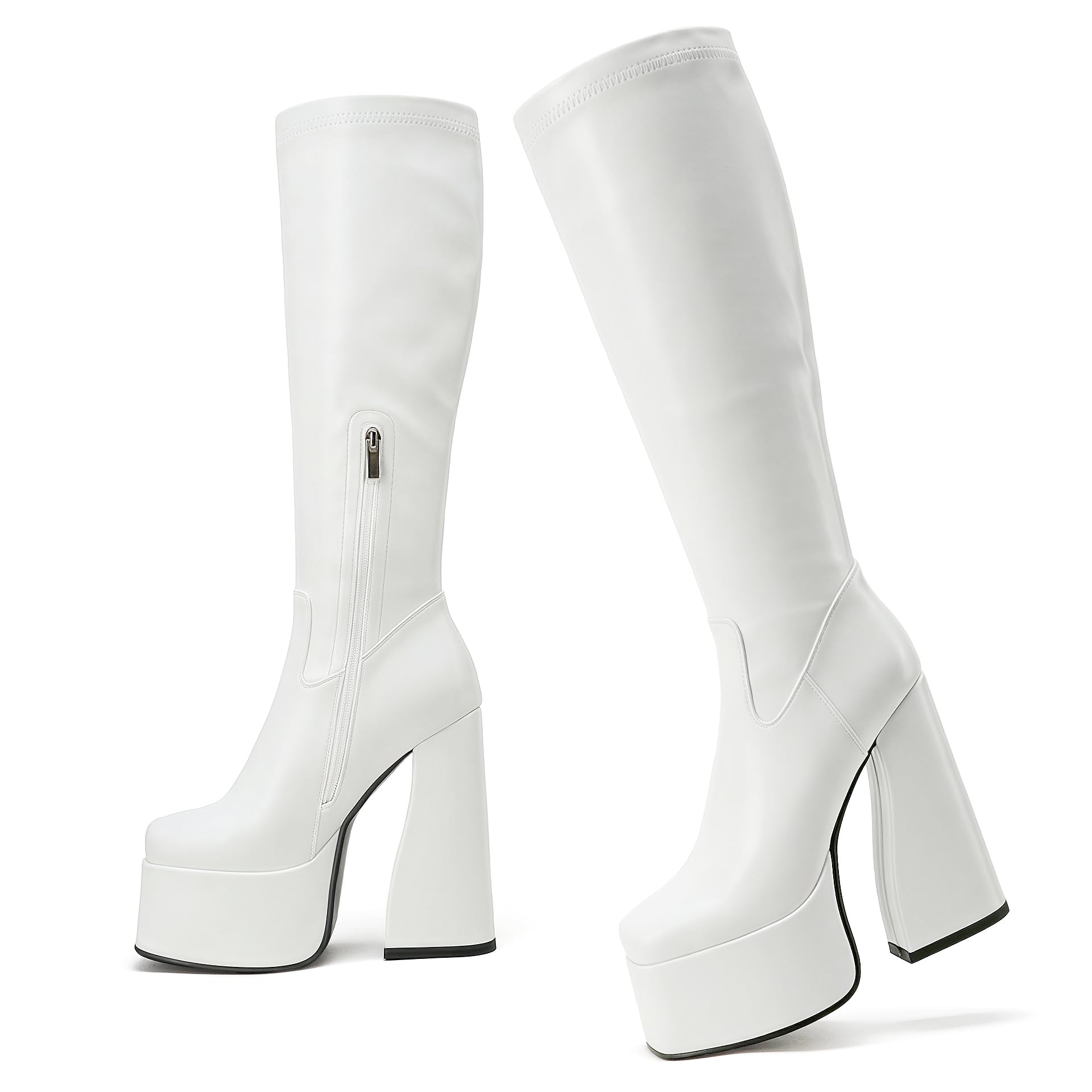 LanreyTaley Elastic Women Knee High Boots Platform Chunky Heel Tall Boots Suede Dress Boots Side Zipper Stretch Boots Fall