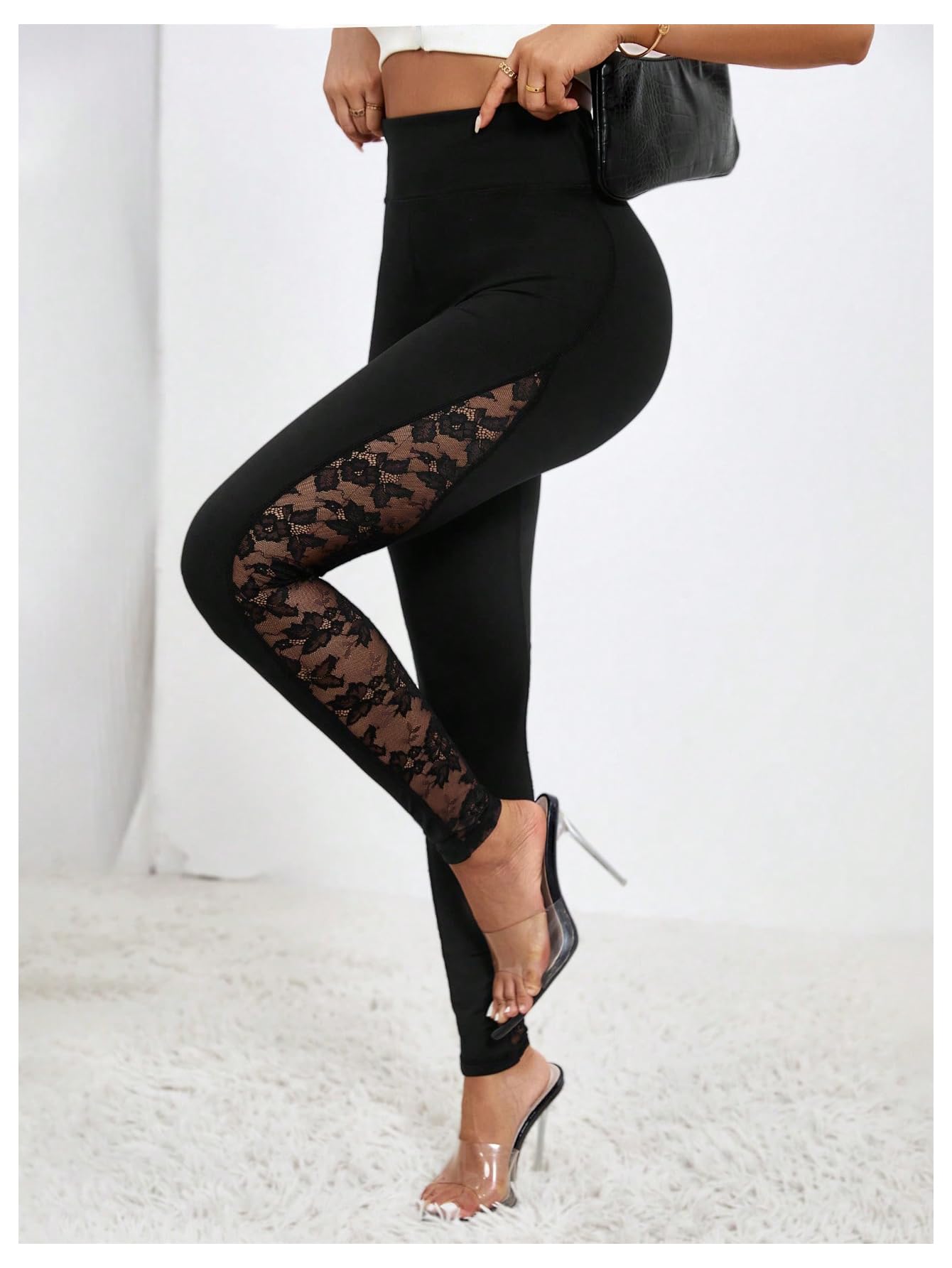 RoseSeek Women's Floral Lace High Waited Leggings See Through Club Outfits | Sexy Leggings for Women, Tummy Control, Skinny, Lace Pants, Concert Outfits Women