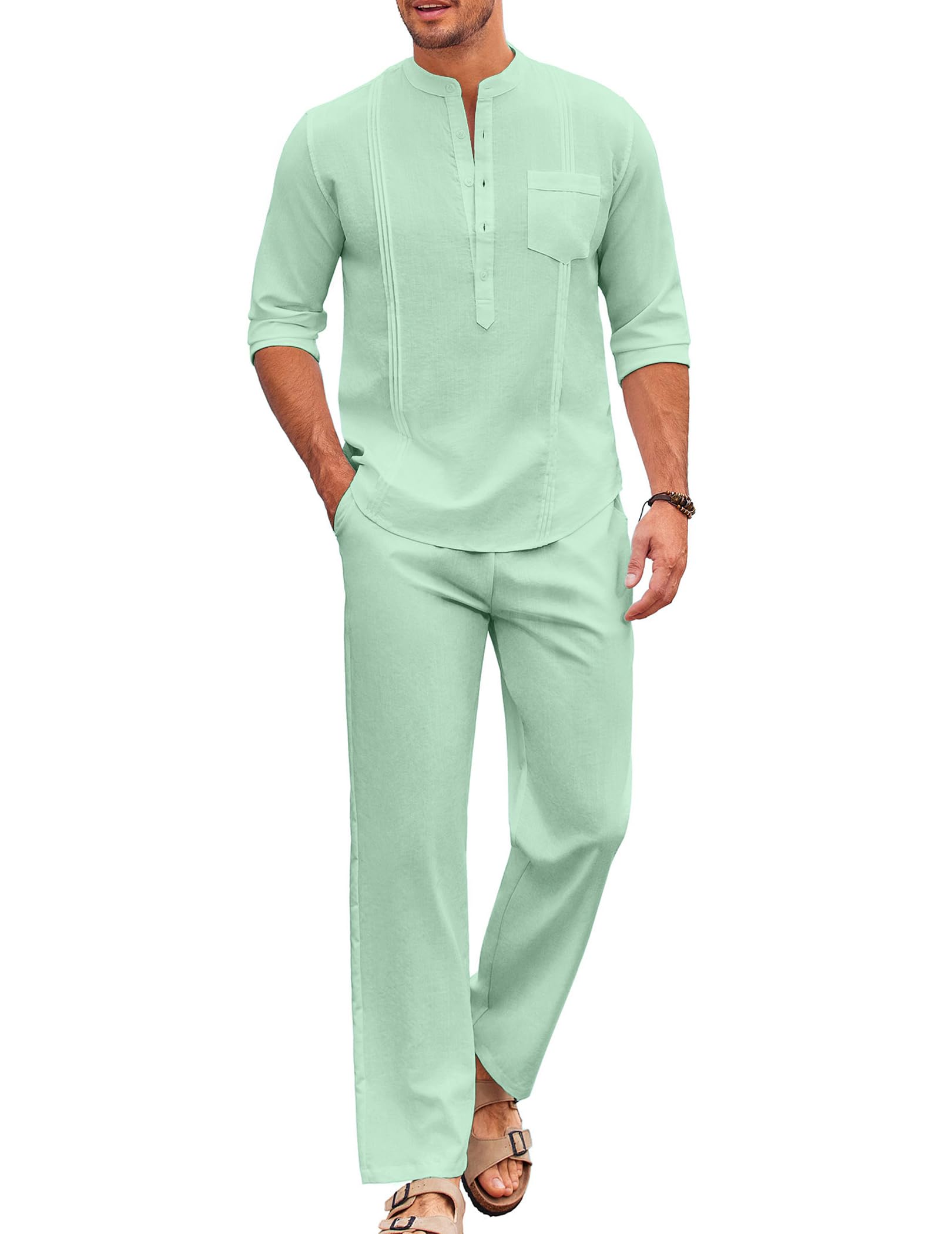 COOFANDY Men's 2 Piece Cotton Sets Casual Long Sleeve Cuban Henley Shirt and Loose Pants Set Beach Vacation Outfits