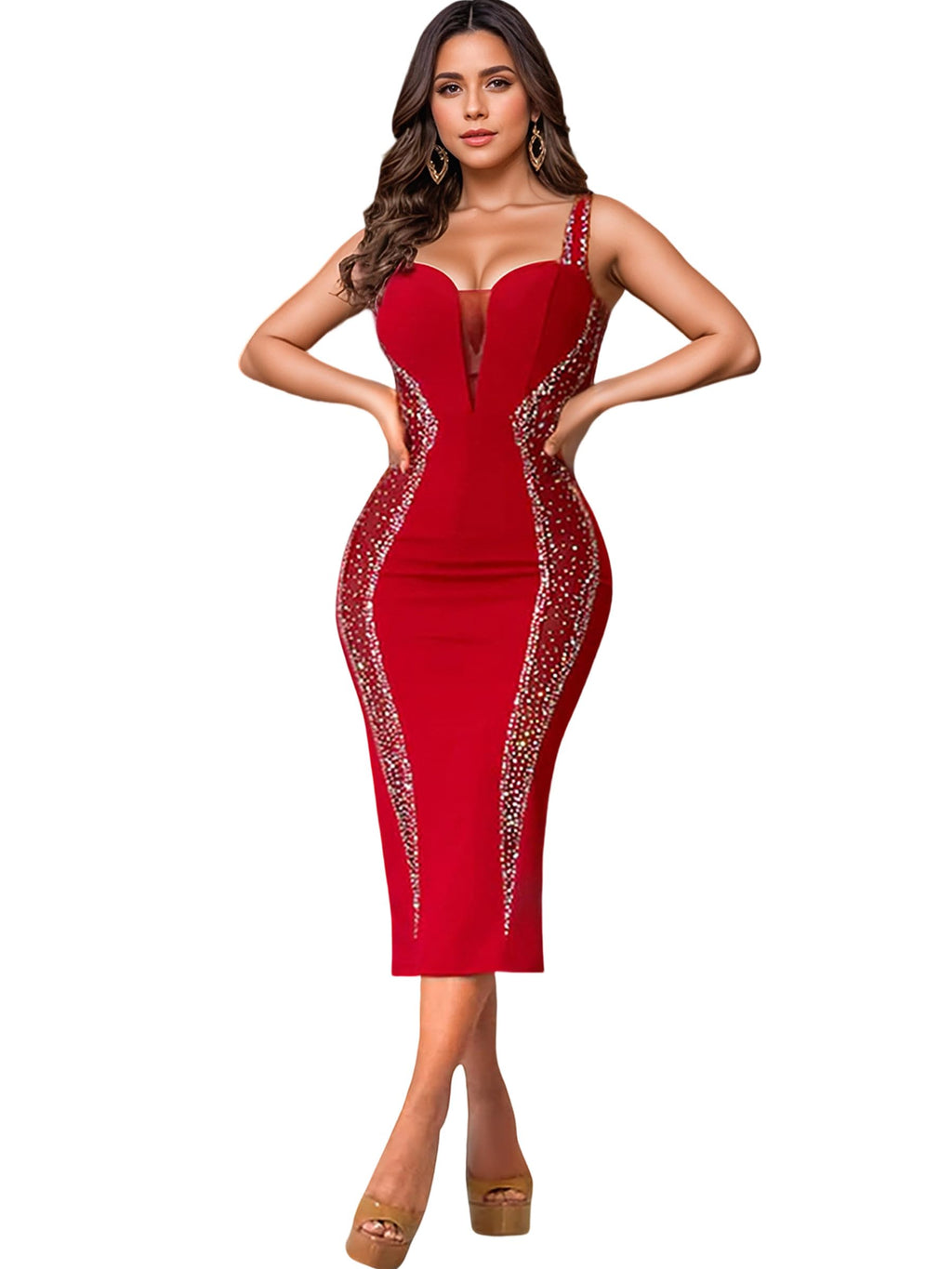 Figdaw Sequin Midi Dress for Women Formal,Evening Cocktail,Wedding Guest,Galas