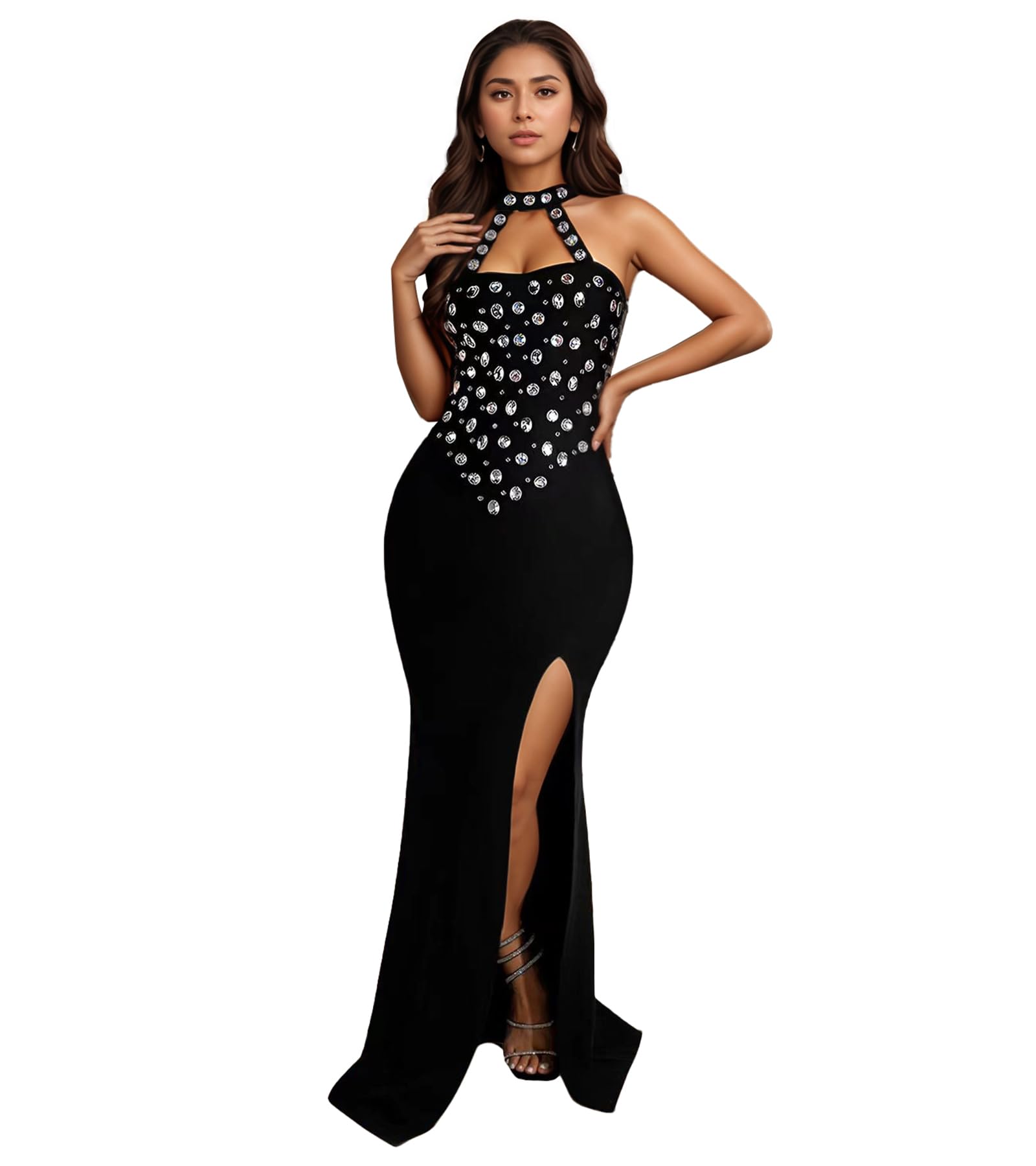 PORRCEY Women's Sexy Rhinestone Mesh See Through Party Night Prom Dress