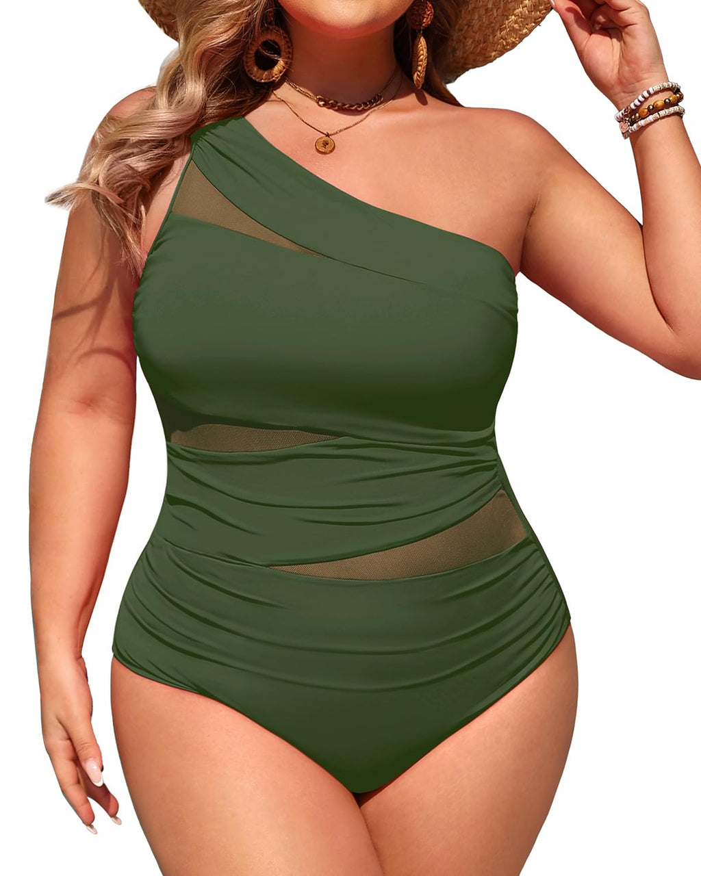 Plus Size One Piece Swimsuit for Women - One Shoulder Bathing Suit | Removable and Adjustable Strap, Detachable pads, Flatter midsection via front mesh, Drape diagonal folds to hide bulk