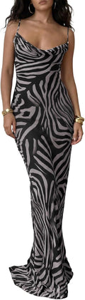 OYOANGLE Women's Zebra Spaghetti Strap Maxi Dresses Cowl Neck Bodycon Dress | Zebra Print, Spaghetti Strap, Maxi Dresses, Sleeveless, Cowl Neck, Formal Bodycon Dress
