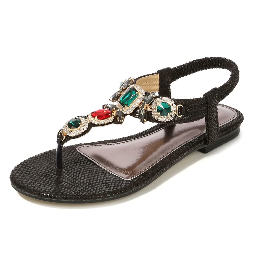 MIOKE Women's Bohemia Bling Jeweled Flat Sandals T-strap Clip Toe Cutout Slingback Summer Beach Flipflops
