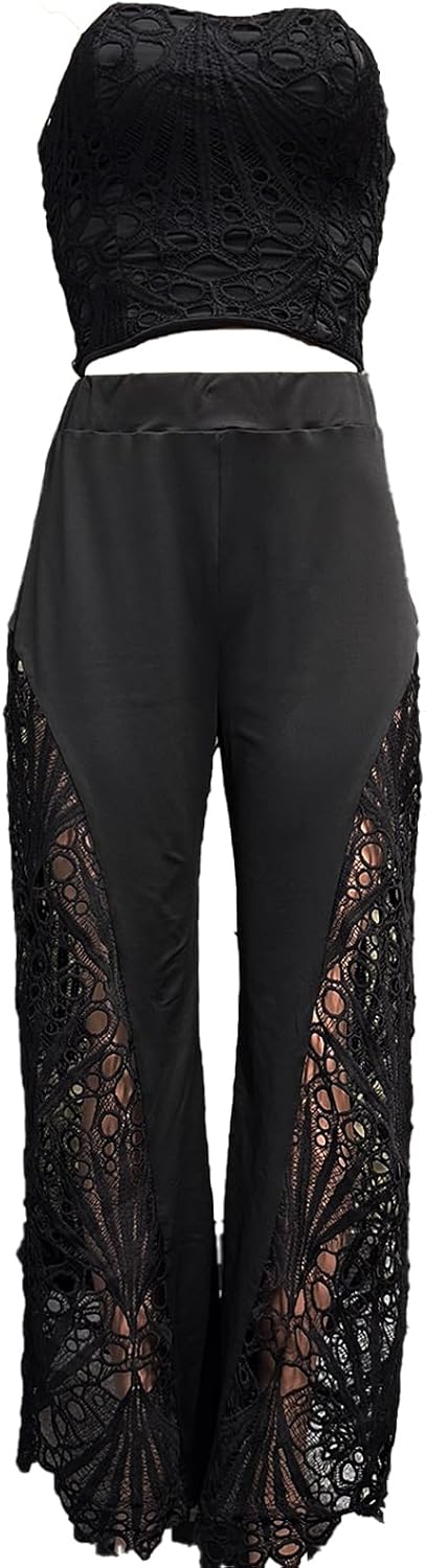 Mandonce 2 Piece Sets for Women Off Shoulder Lace Tube Top and Lace Flowy Wide Leg Pants Beach Vacation Sexy Outfit Going Out