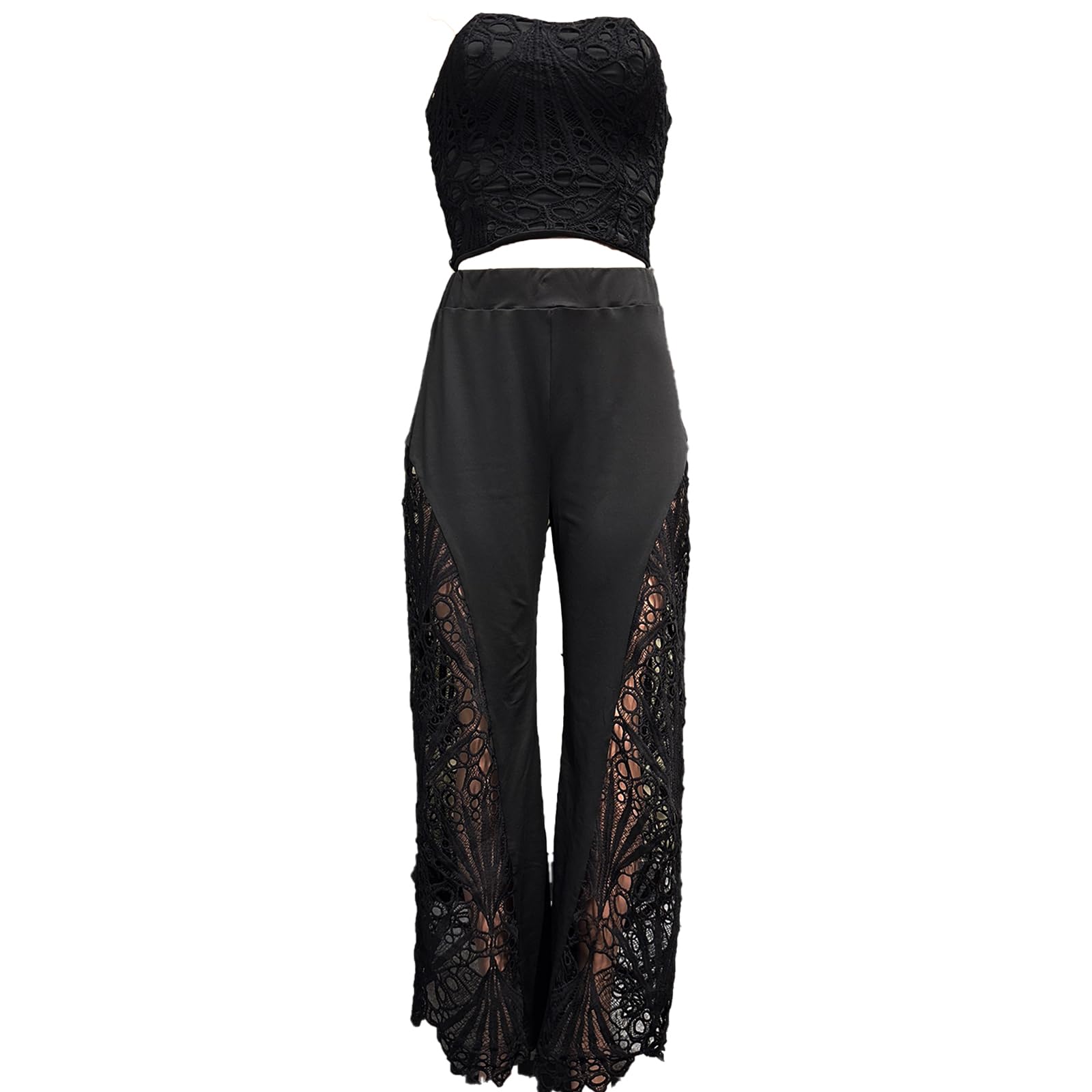 Mandonce 2 Piece Sets for Women Off Shoulder Lace Tube Top and Lace Flowy Wide Leg Pants Beach Vacation Sexy Outfit Going Out