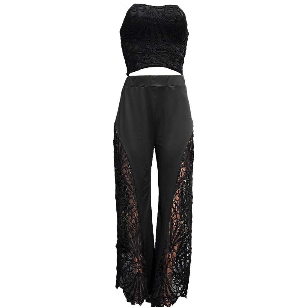 Mandonce 2 Piece Sets for Women Off Shoulder Lace Tube Top and Lace Flowy Wide Leg Pants Beach Vacation Sexy Outfit Going Out